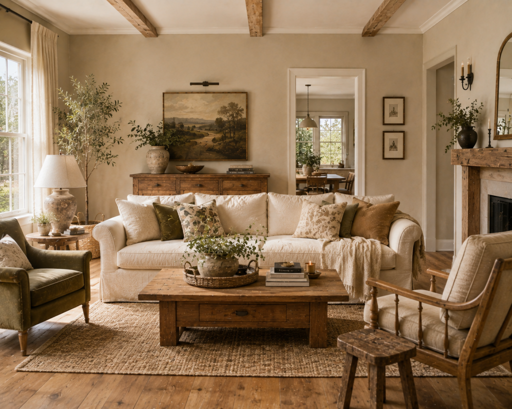 15 Farmhouse Living Room Tips for a Warm, Collected Home 2 Tip 1 Replace stark white with a softer wall color