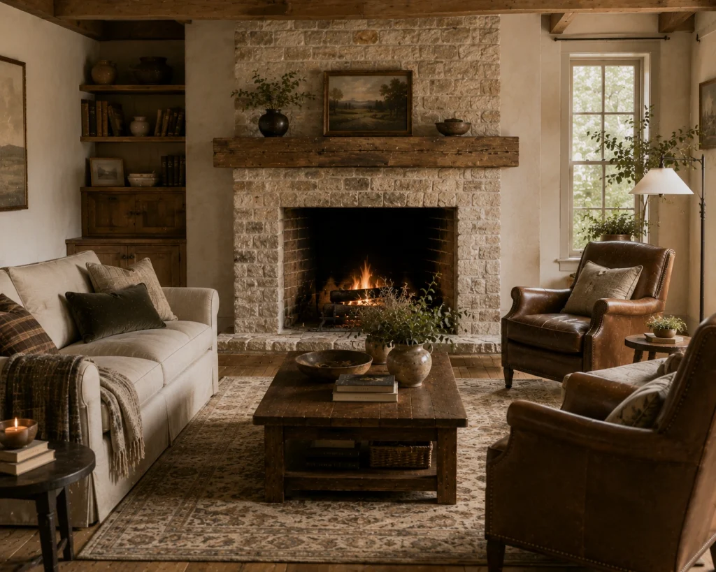 15 Farmhouse Living Room Tips for a Warm, Collected Home 10 Tip 11 Make the fireplace feel substantial, not decorated