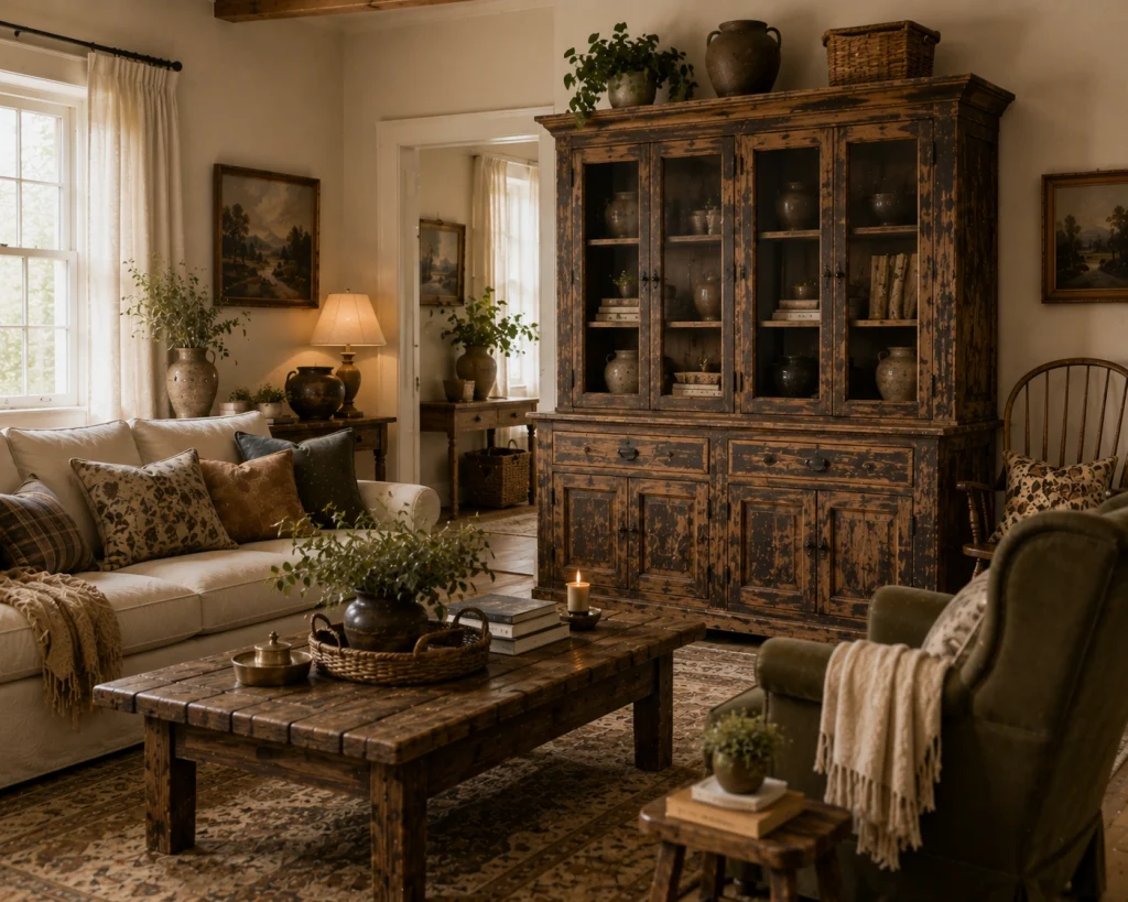 15 Farmhouse Living Room Tips for a Warm, Collected Home 6 Tip 5 Use one vintage piece with enough presence