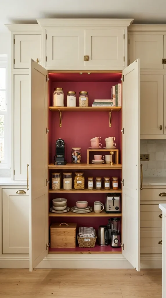 16 pink kitchen tips for a Warm, Sophisticated Space 7 Tip 6 Use pink inside a pantry or breakfast cupboard