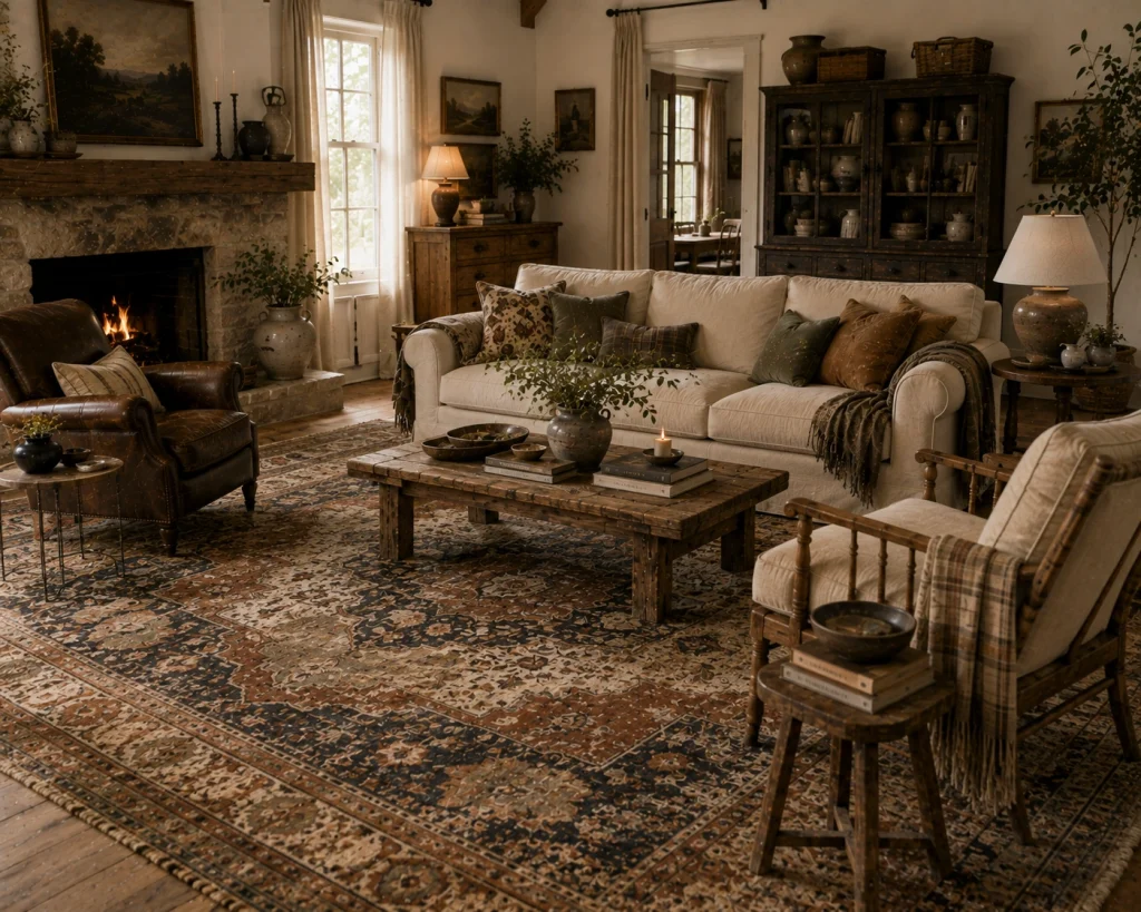 15 Farmhouse Living Room Tips for a Warm, Collected Home 7 Tip 7 Start with a generous rug