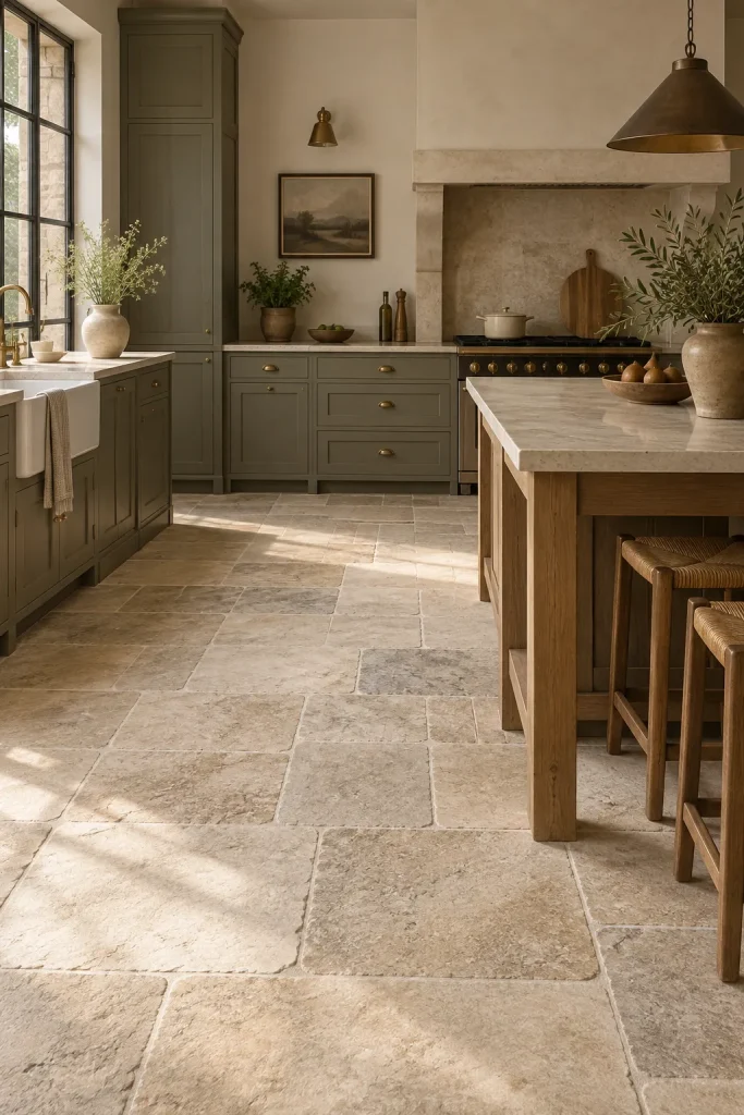 12 kitchen flooring ideas That Balance Style, Durability, and Everyday Life 4 Tumbled Limestone for a Soft, Grounded Kitchen