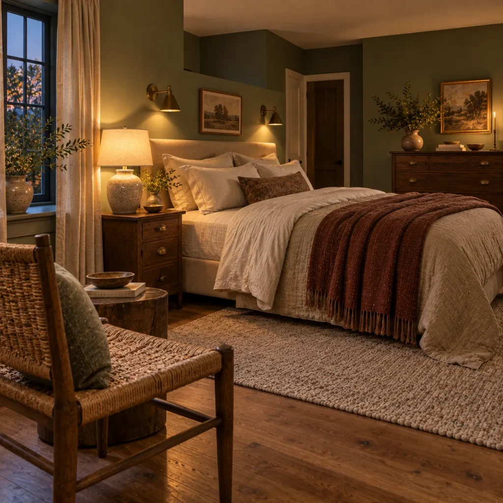 12 Ideas for a Sage Green Farmhouse Bedroom That Feels Warm and Collected 12 Use Aged Brass, Ceramic, and Woven Fiber