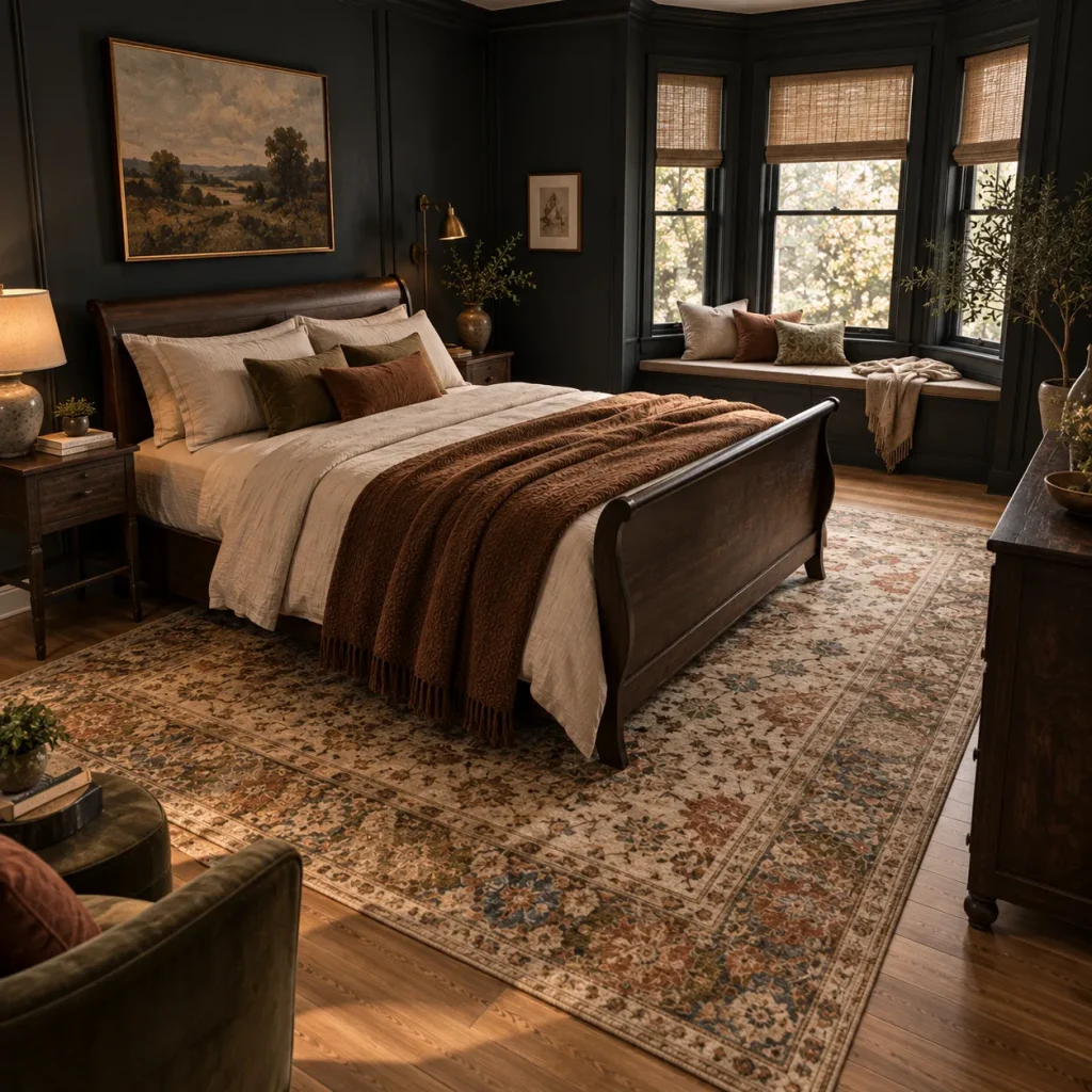 10 black bedroom aesthetic tips for a Moody, Sophisticated Retreat 10 Use One Generous Rug in a Lighter or Patterned Tone