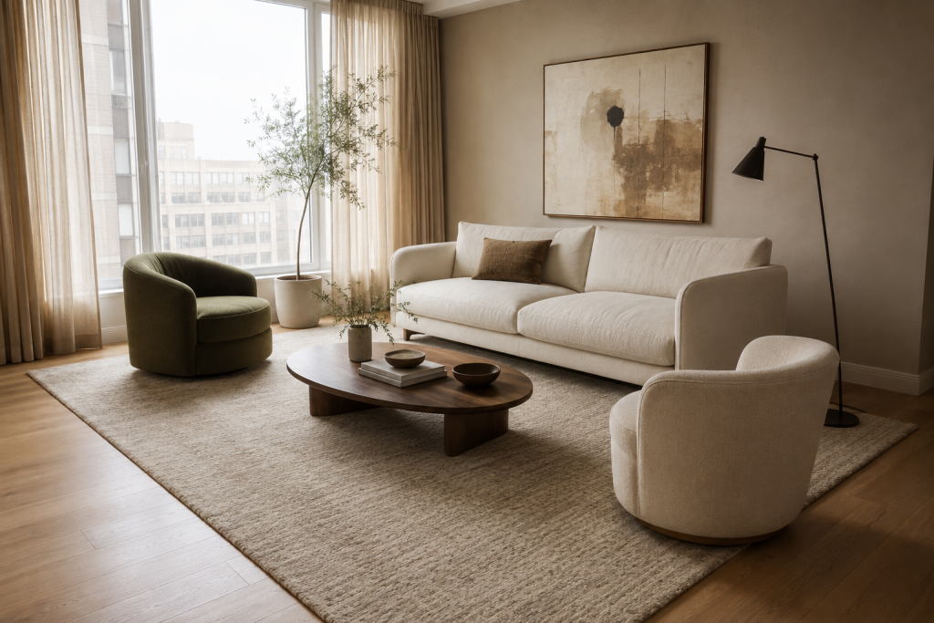 20 Minimalist Apartment Aesthetic Ideas for a Calm, Beautiful, Clutter-Free Home 11 Use One Large Rug Instead of Several Small Ones