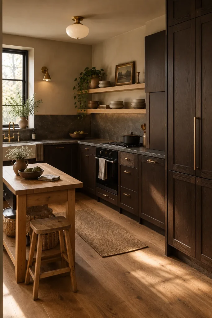 15 small moody kitchen tips for a Dark, Cozy Space That Still Feels Open 5 Use One Lighter Wood Element as Relief