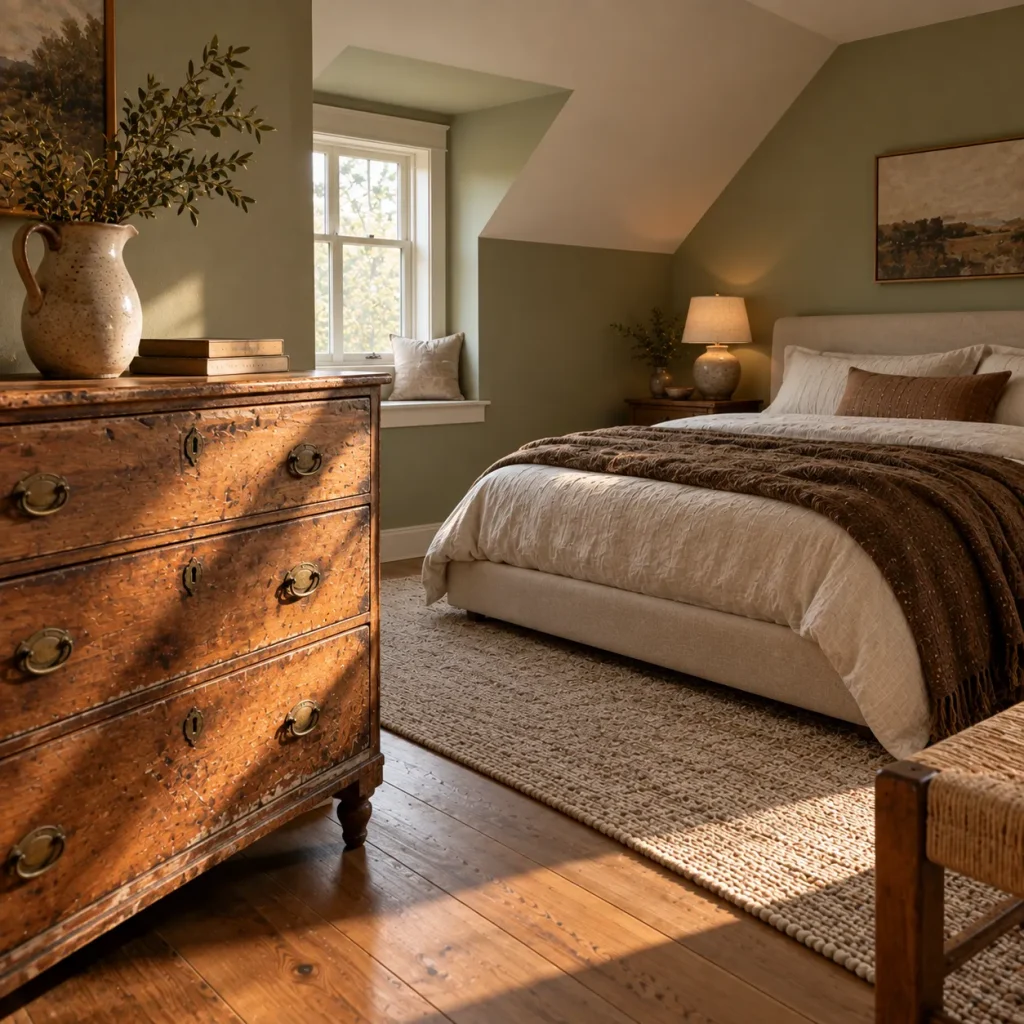 12 Ideas for a Sage Green Farmhouse Bedroom That Feels Warm and Collected 5 Use One Vintage Wooden Piece With Real Age