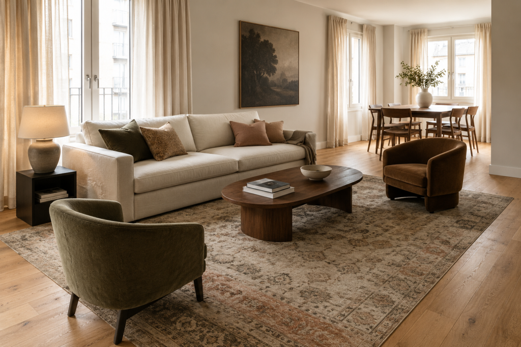 12 Cozy Apartment Aesthetic Ideas to Make Your Space Feel Warm, Stylish, and Truly Yours 3 Use a Large Rug to Anchor the Living Area