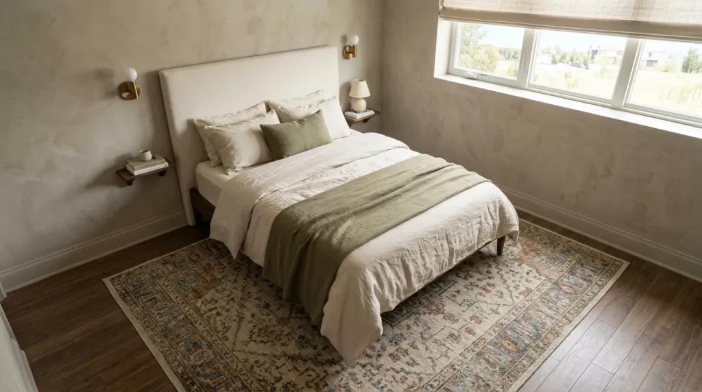 10 cozy small bedroom tips for a Warm, Restful Retreat 5 Use a Rug Large Enough to Soften the Whole Bed Zone