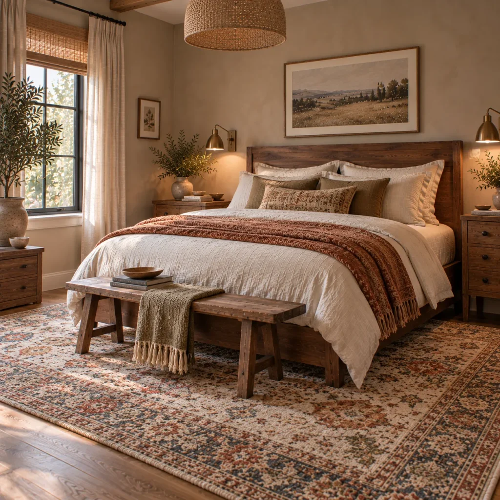 13 Rustic Bedroom Ideas for a Warm, Collected Retreat 11 Use a generous wool or woven rug