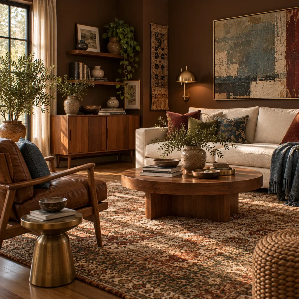 10 Ideas for Combining Boho with Mid Century Modern for Living Rooms That Feel Collected 4 Use chocolate brown as the bridge between both styles