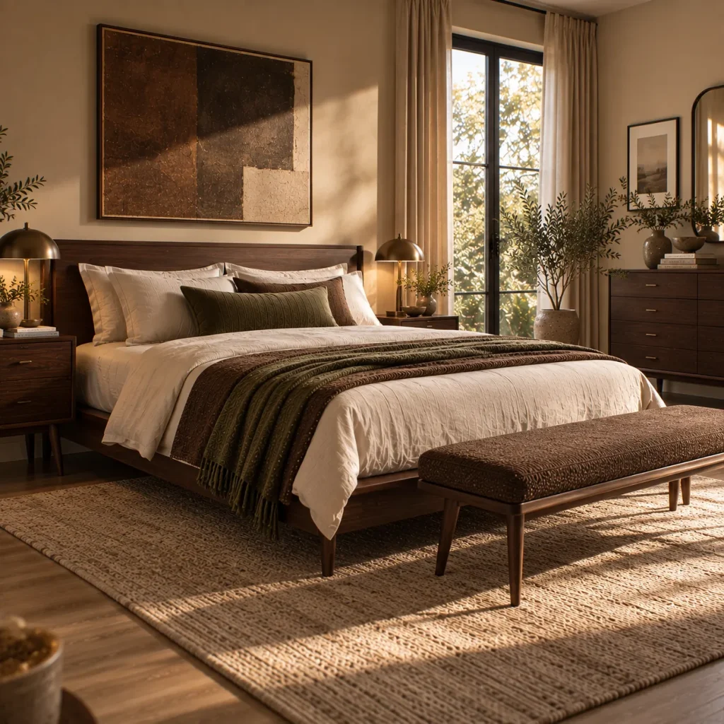 11 mid century modern bedroom tips That Feel Timeless, Not Retro 6 Use deeper brown instead of relying only on pale neutrals