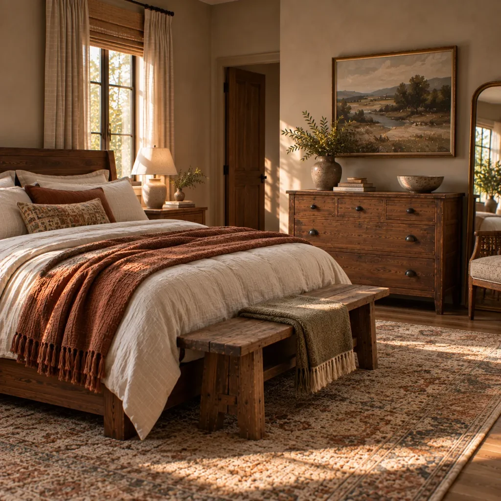 13 Rustic Bedroom Ideas for a Warm, Collected Retreat 14 Use landscape art, books, and handmade pieces