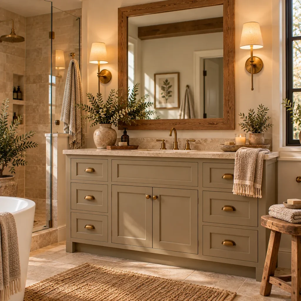 10 rustic farmhouse bathroom designs for Warm Country Charm 8 Use mirrors and lighting to soften hard surfaces