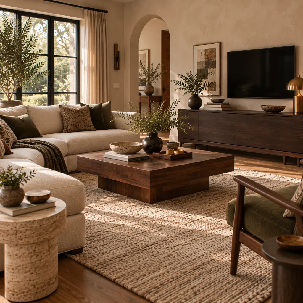 10 Organic Modern Living Room Ideas for a Calm, Textured Home 4 Use richer wood instead of pale oak everywhere