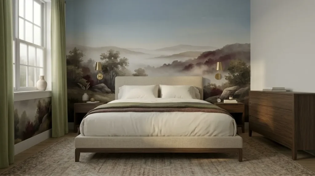 15 bedroom accent wall ideas That Feel Architectural, Not Dated 5 Use scenic wallpaper like a large artwork