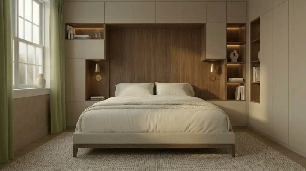 15 bedroom accent wall ideas That Feel Architectural, Not Dated 13 Use wardrobes to create a recessed bed wall