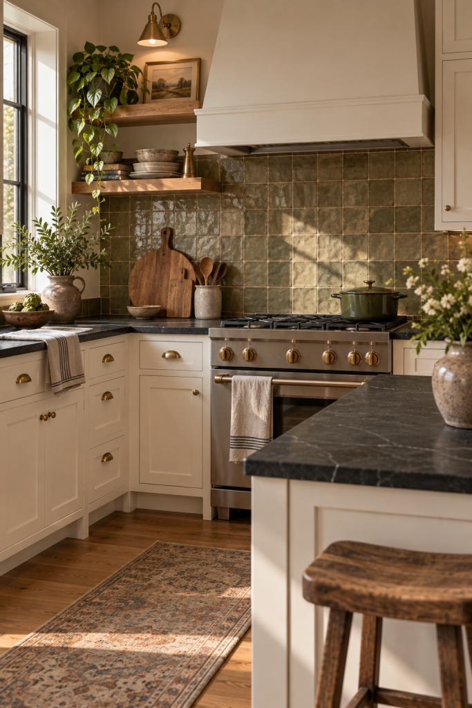 kitchen with white cabinets and black countertops: How to Make the Contrast Feel Warm and Current 3 Warm the Kitchen With an Earthy Backsplash