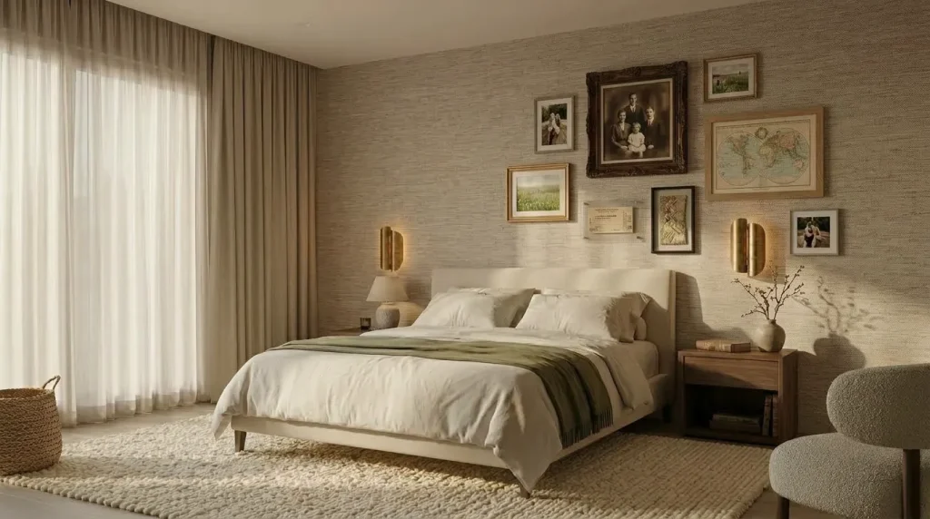 15 creative master bedroom wall decor ideas That Feel Personal, Not Generic 8 Wrap the room in subtle wallpaper