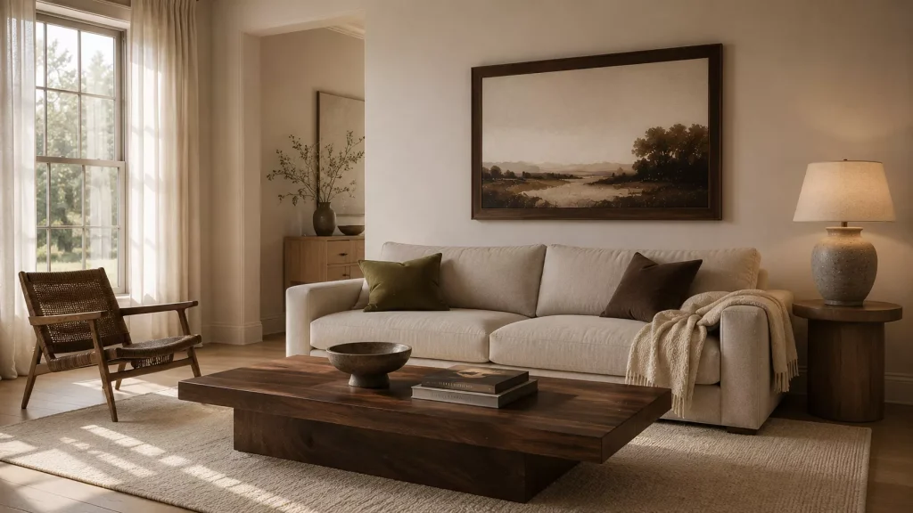 12 Way Add Warmth to a Neutral Living Room Without Losing Its Calm Look 2 add-dark-wood-before-adding-more-beige