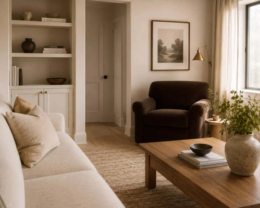 10 Small Living Room Decor Ideas With an Earthy Feel for a Warm, Grounded Space 3 add-one-deep-brown-anchor-rather-than-several-small-ones