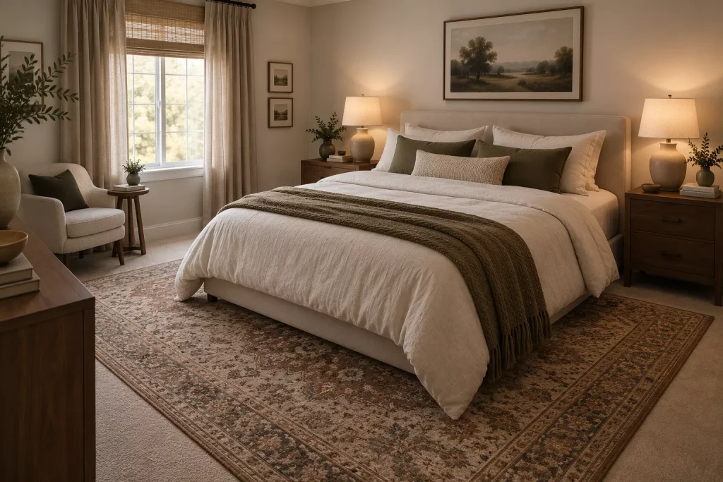 10 cozy bedroom ideas that make your room feel like a luxury retreat, Without the Luxury Price Tag 6 add-one-substantial-rug-even-if-the-room-is-carpeted