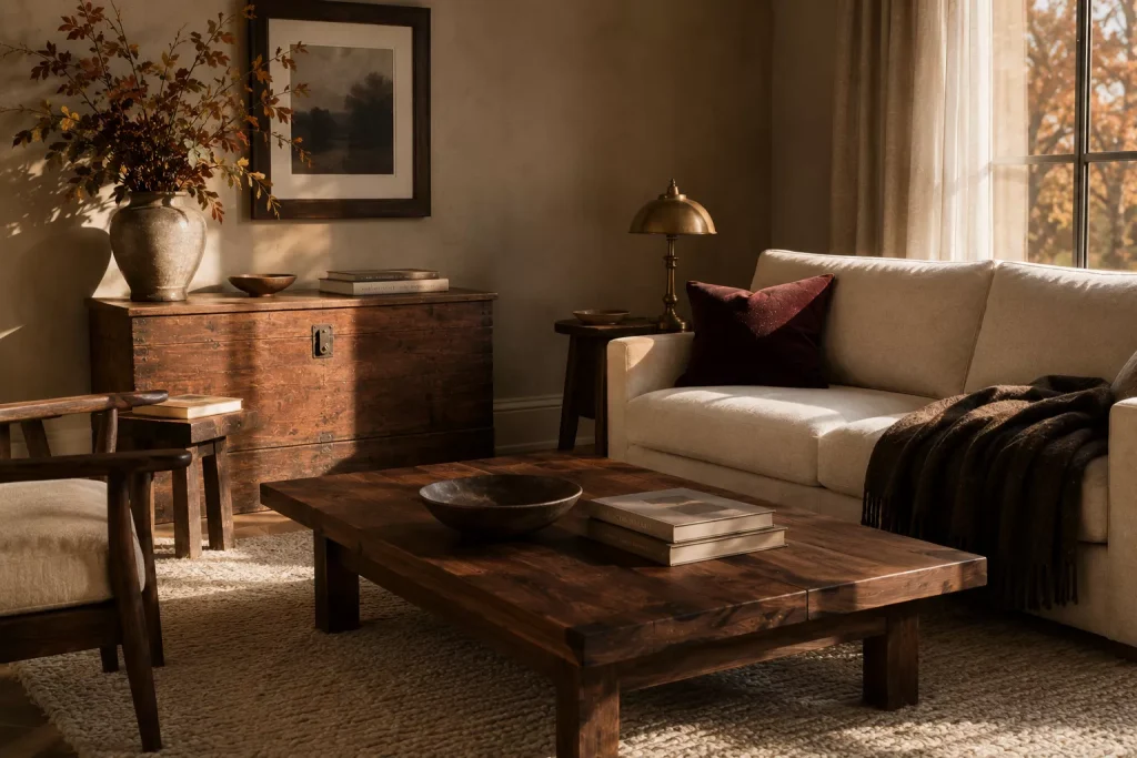 15 fall living room decor ideas for a Warm, Layered Home 7 bring-back-darker-wood-and-older-furniture