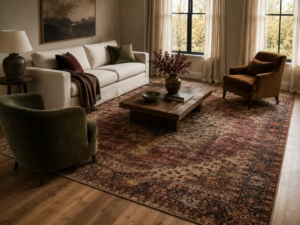 15 fall living room decor ideas for a Warm, Layered Home 4 bring-fall-in-through-one-properly-sized-rug