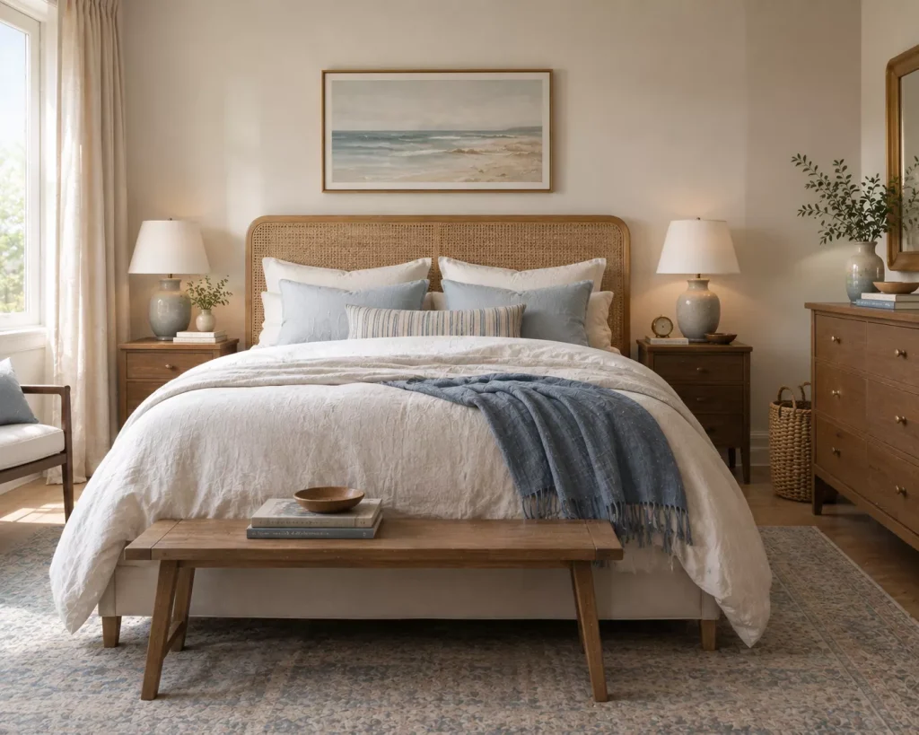 12 coastal bedroom ideas for a Calm, Breezy Retreat 6 bring-in-cane-seagrass-jute-or-rattan-through-one-or-two-pieces