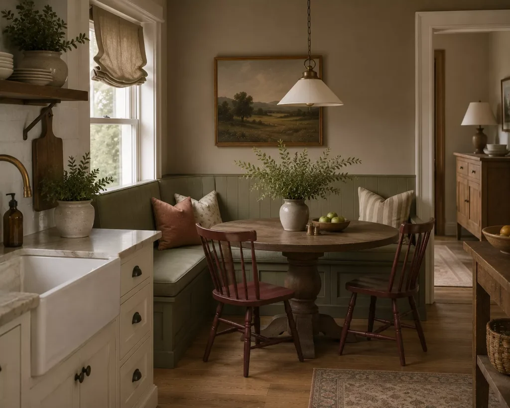 10 farmhouse breakfast nook ideas for Cozy Country Mornings 11 bring-in-muted-color-through-paint-upholstery-or-chair
