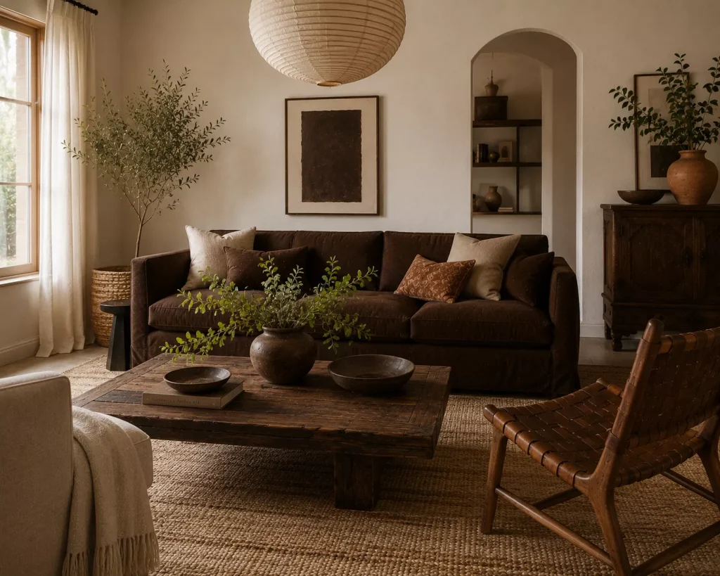 12 Earthy Boho Living Room Ideas for a Warm, Collected Space 3 bring-in-real-brown-not-just-fifty-shades-of-tan