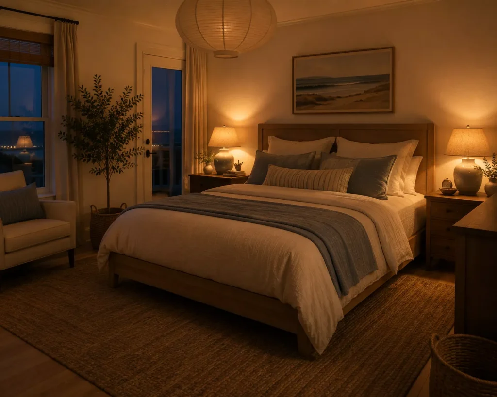 12 coastal bedroom ideas for a Calm, Breezy Retreat 9 build-at-least-two-lower-sources-of-light-around-the-bed