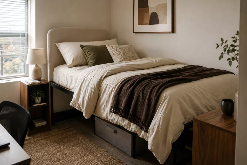 10 luxury dorm room ideas for a Polished, Cozy Space 2 build-the-whole-room-around-elevated-bedding