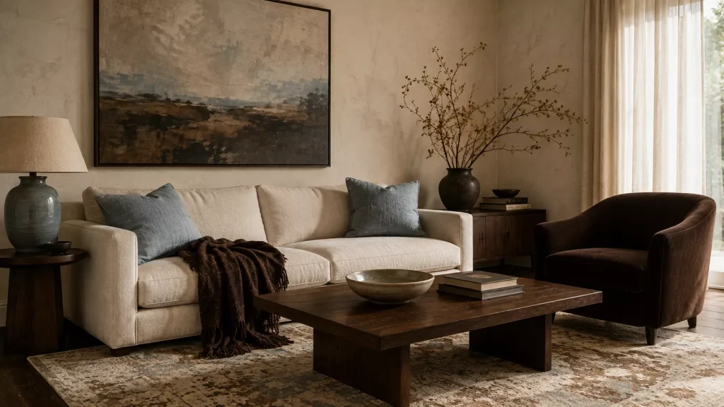 12 Earthy Color Combinations for living room That Feel Warm, Layered, and Current 2 chocolate-brown-cream-pale-blue
