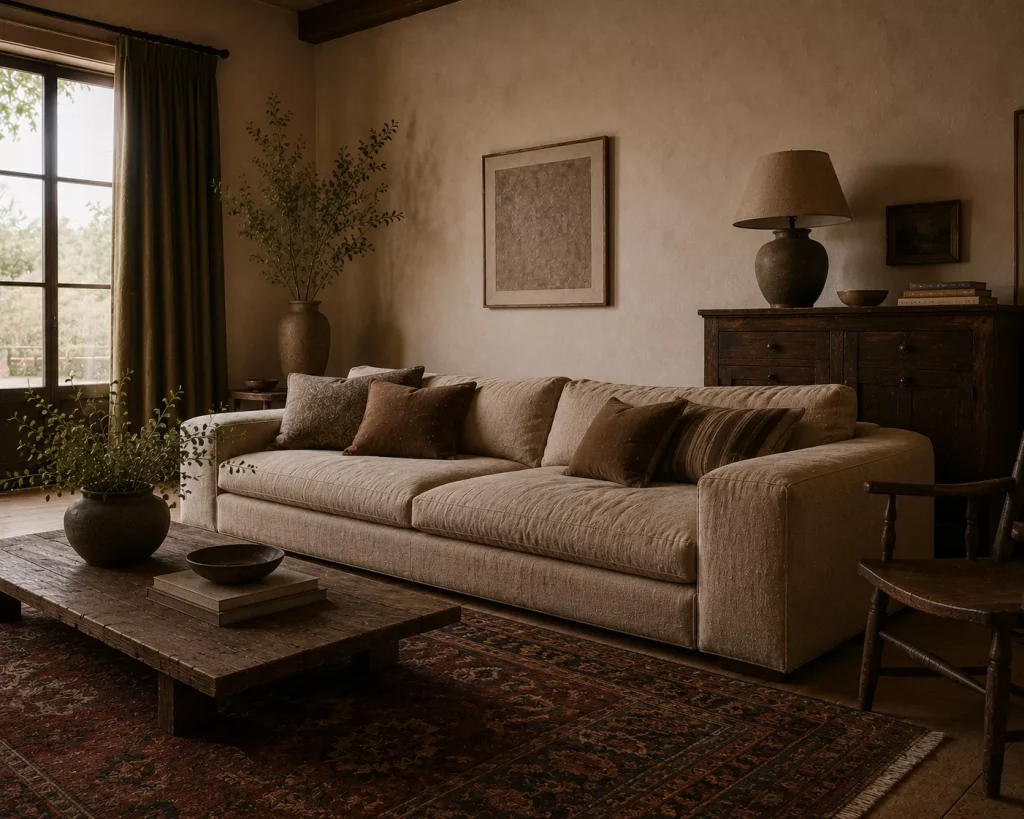 12 Earthy Boho Living Room Ideas for a Warm, Collected Space 6 choose-a-low-comfortable-sofa-with-visual-weight