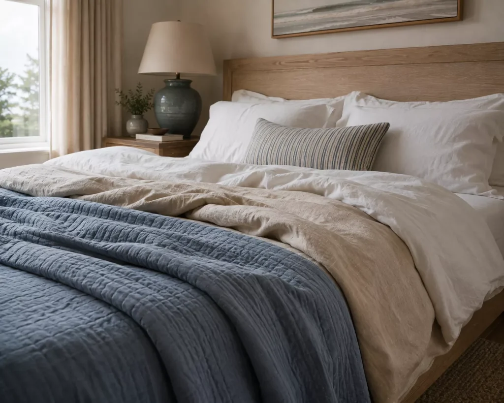 12 coastal bedroom ideas for a Calm, Breezy Retreat 4 choose-bedding-that-has-a-little-movement-and-texture