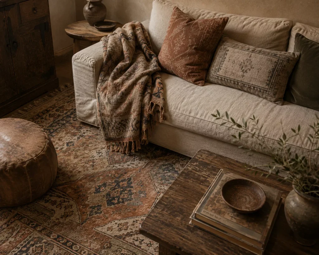 12 Earthy Boho Living Room Ideas for a Warm, Collected Space 10 choose-faded-worn-or-vintage-style-textiles-over-crisp-new-ones