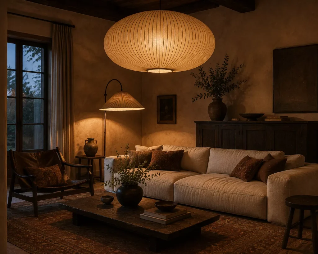 12 Earthy Boho Living Room Ideas for a Warm, Collected Space 8 choose-one-oversized-natural-or-vintage-inspired-light