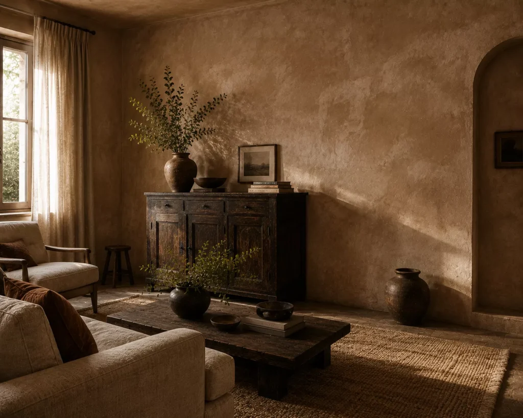 12 Earthy Boho Living Room Ideas for a Warm, Collected Space 7 consider-clay-toned-limewash-or-textured-plaster