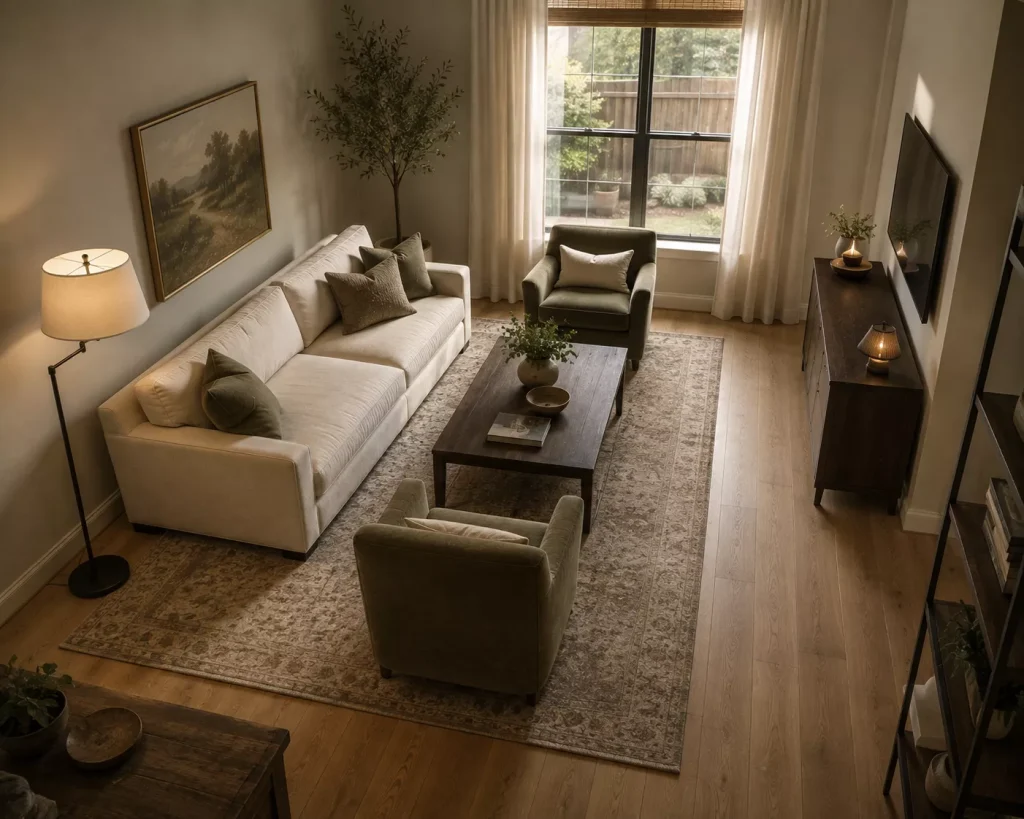 12 Small Living Room Layout Ideas That Make Every Inch Work Harder 2 float-the-sofa-to-create-a-clearer-conversation-area