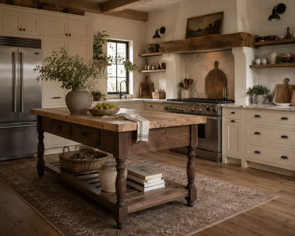 14 rustic farmhouse kitchen ideas for a Warm, Lived-In Home 4 give-the-island-character-instead-of-matching-every-cabinet