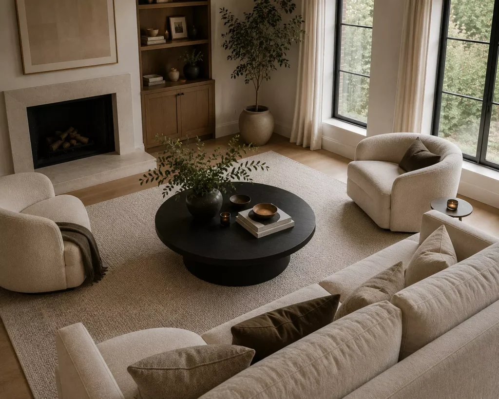 10 Black Accent Living Room Ideas for a More Grounded, Polished Space 5 ground-the-center-of-the-room-with-a-black-table-or-cabinet