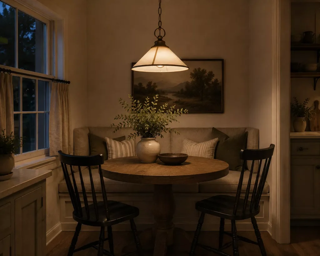 10 farmhouse breakfast nook ideas for Cozy Country Mornings 7 hang-one-substantial-fixture-over-the-table