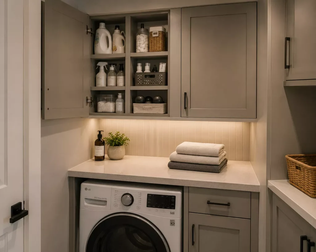 10 Laundry Room Ideas Small Space Homes Can Actually Use 9 keep-everyday-products-close-to-the-washer-but-behind-doors