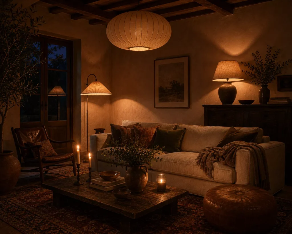 12 Earthy Boho Living Room Ideas for a Warm, Collected Space 9 layer-several-light-sources-instead-of-one-bright-fixture