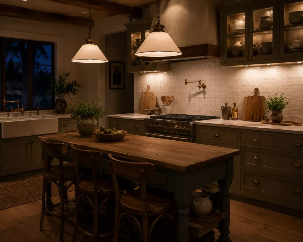 14 rustic farmhouse kitchen ideas for a Warm, Lived-In Home 9 layer-task-lighting-with-one-decorative-fixture