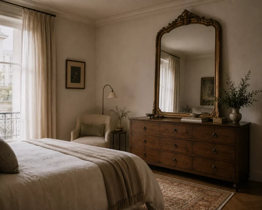 10 french girl inspired bedrooms with Parisian Charm 9 let-one-ornate-piece-contrast-with-simpler-furniture