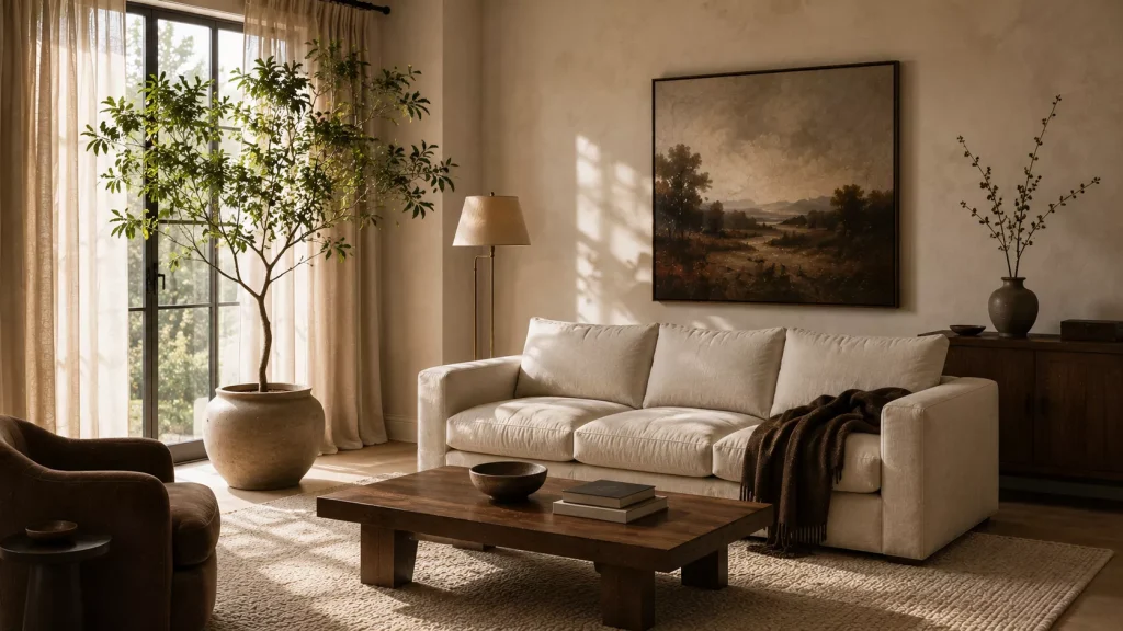 12 Way Add Warmth to a Neutral Living Room Without Losing Its Calm Look 13 let-plants-and-branches-add-living-color