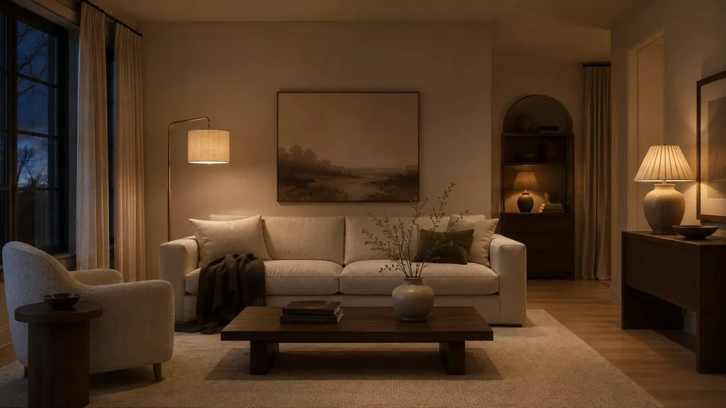 12 Way Add Warmth to a Neutral Living Room Without Losing Its Calm Look 5 make-your-lighting-warmer-at-eye-level