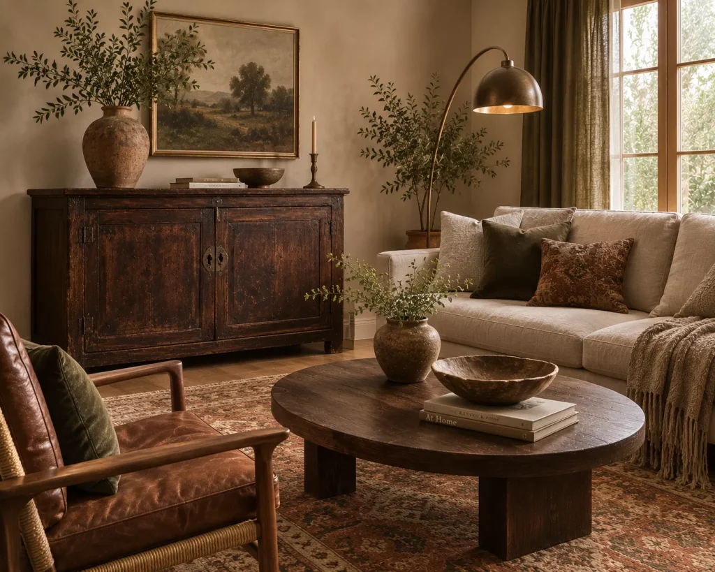 12 Earthy Boho Living Room Ideas for a Warm, Collected Space 5 mix-in-one-genuinely-old-piece-of-furniture